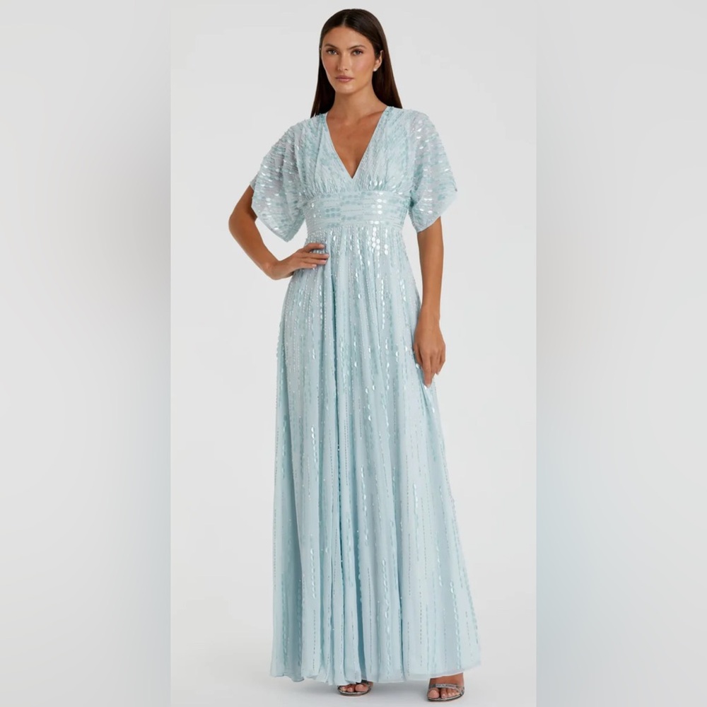 Mac Duggal Blue Embellished V Neck Evening Gown - Picture 2 of 8